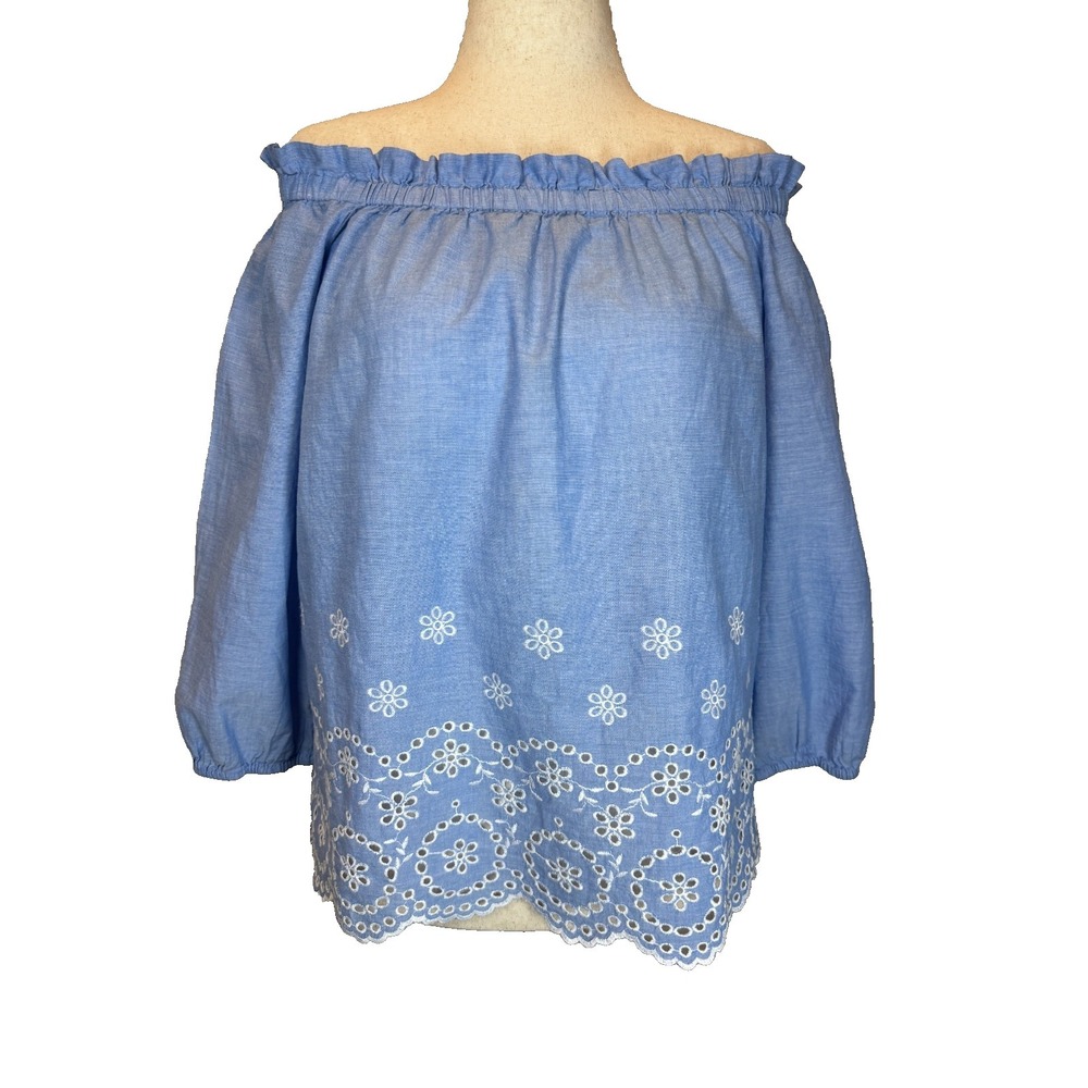 Ann Taylor Off Shoulder Eyelet Embroidered Chambray Blouse Blue Cotton L